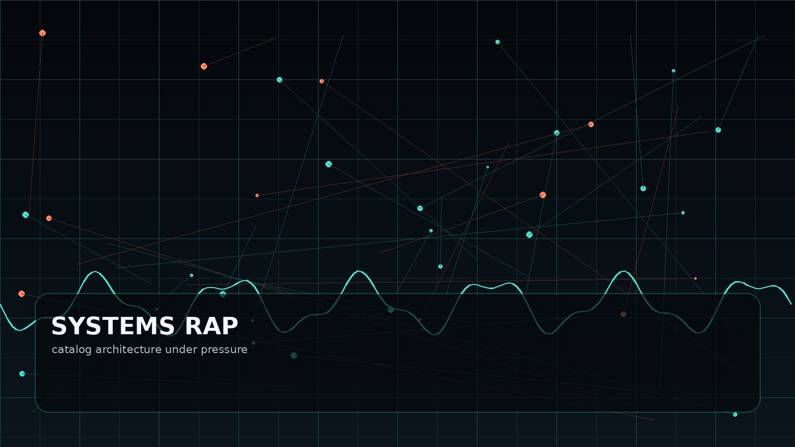 Dark systems rap control room with waveform architecture and catalog nodes