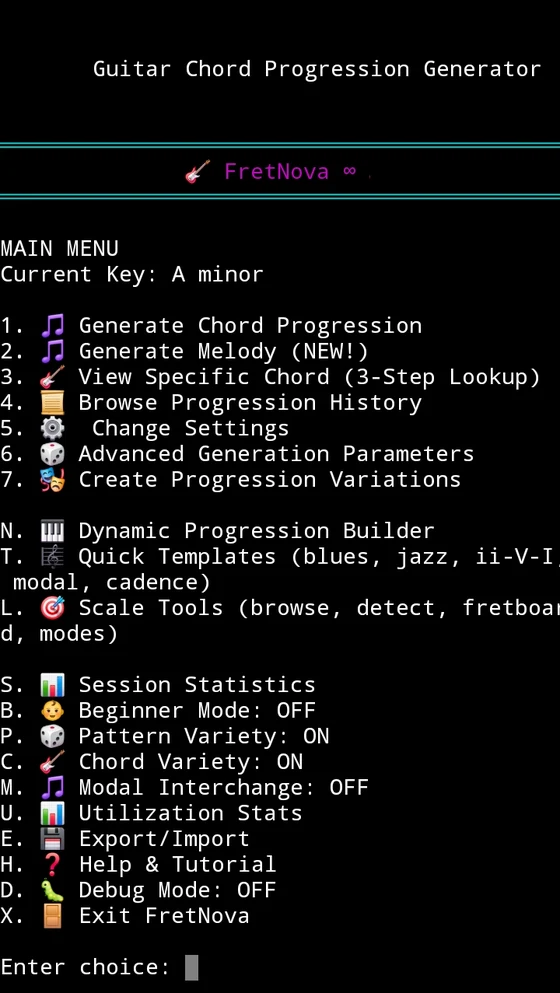 FretNova main menu in a phone terminal: numbered options for generating chord progressions and melodies, viewing chords, scale tools, modal interchange, session statistics and export