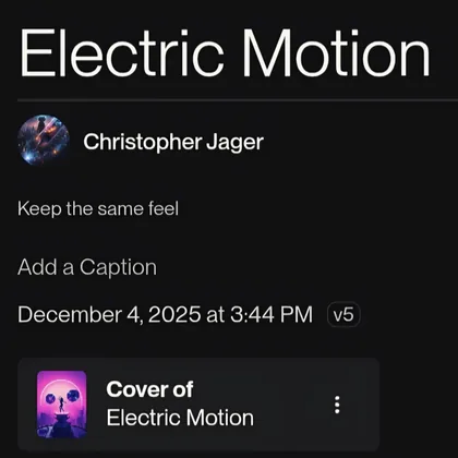 Project record capture: Electric Motion, dated December 4, 2025 at 3:44 PM, version 5